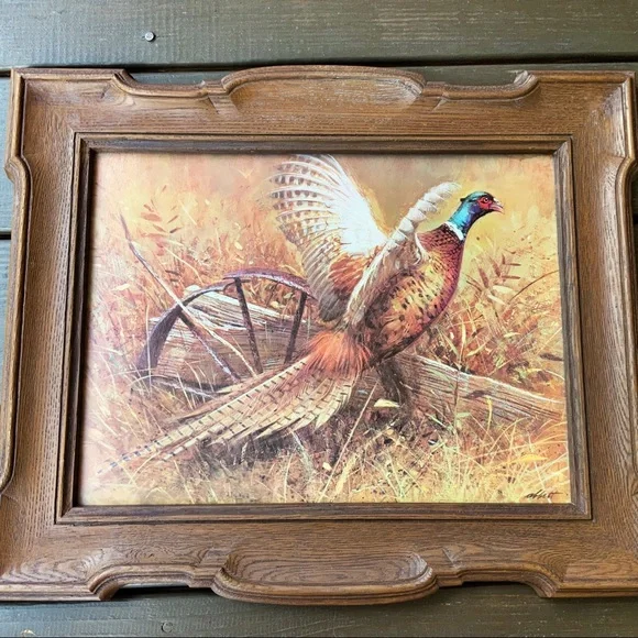 Vintage 1981 Homco Hunting Pheasant Print Faux Wood Frame Rustic Farmhouse - Picture 3 of 6